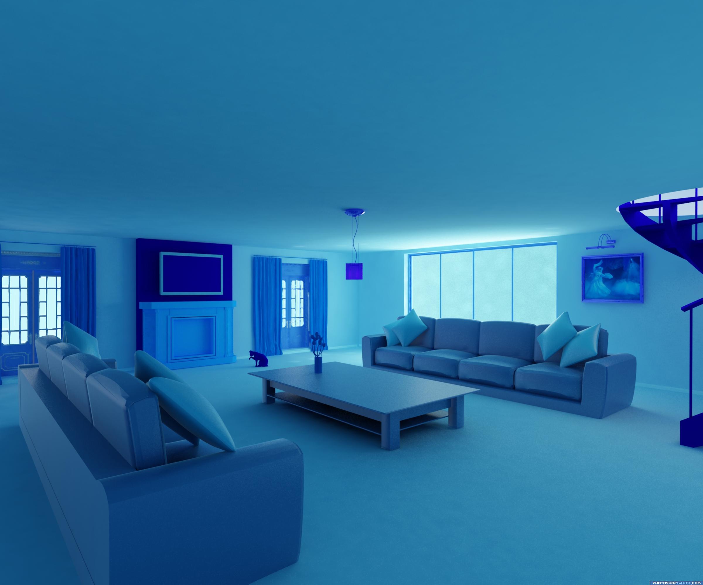 blue monochromatic living room