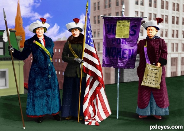 Suffragettes with flag