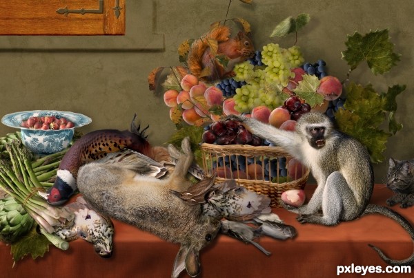 Still Life With Fruit, Game, Vegetables and Live Monkey, Squirrel and a Cat