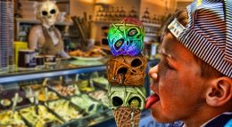 Rainbow Sherbert, Walnut, Pistachio Ice Cream at the Skull Ice Cream Shop