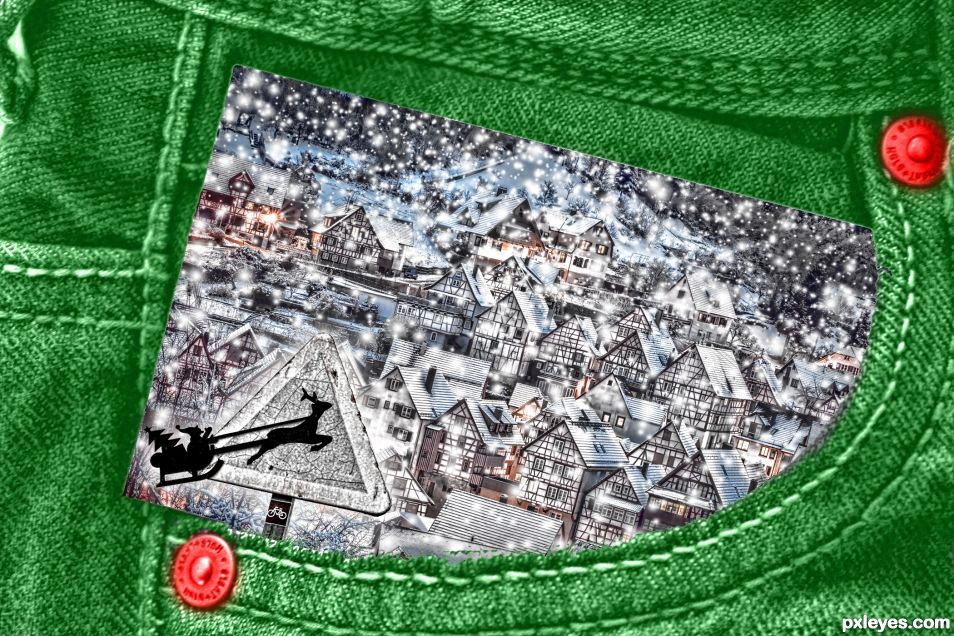 Santa Crossing in Green Jean Pocket